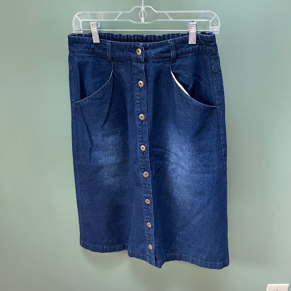 Vintage Womens Dark Wash Denim Button Front‎ Midi Skirt Elastic Waist Pockets